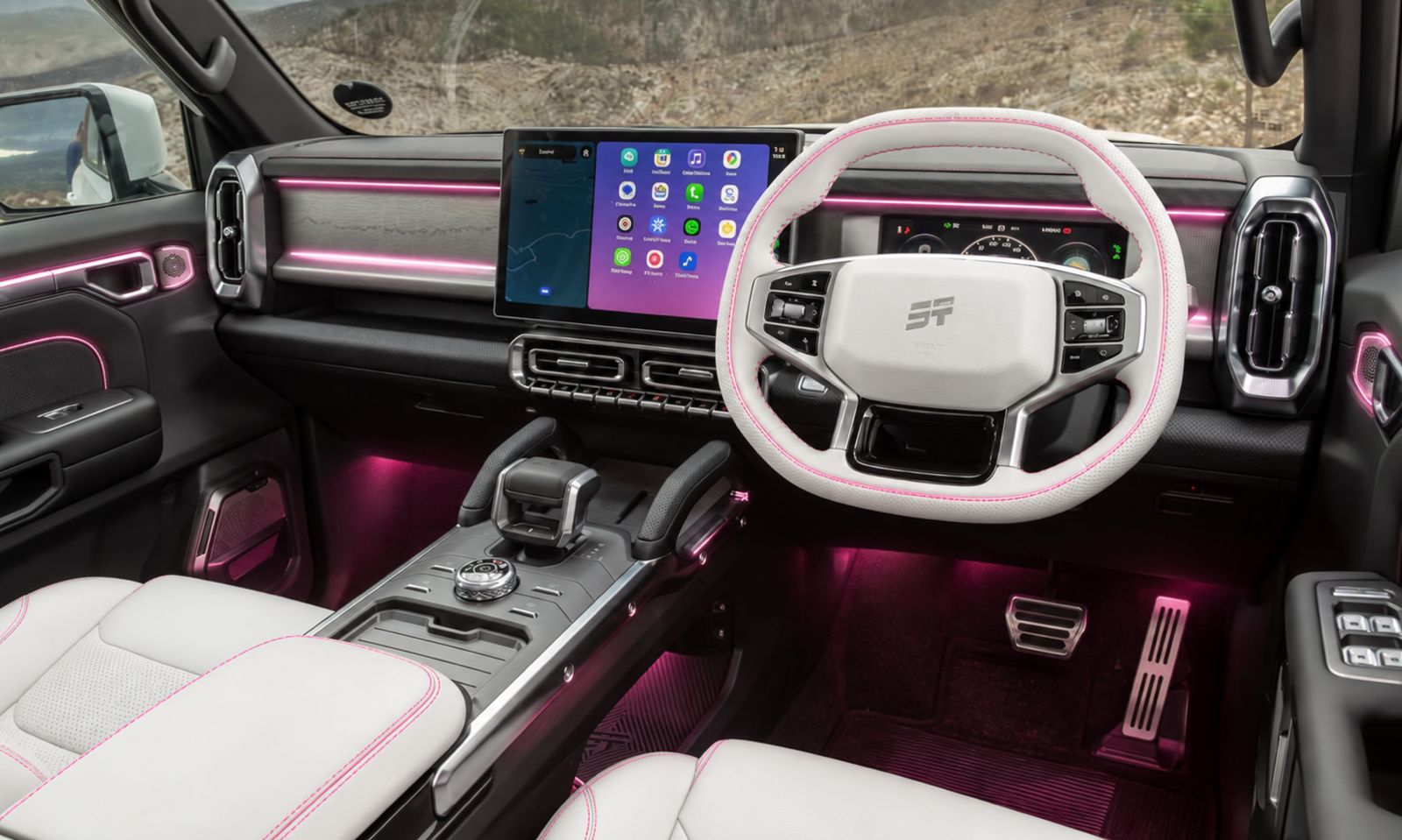 Custom Jetour Life cabin with white upholstery, pink stitching and ambient lighting